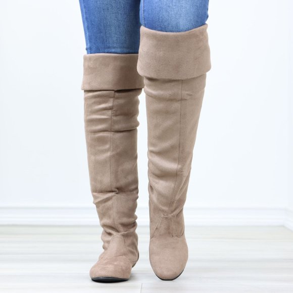 Fold Over Taupe Thigh High Over The Knee Flat No Heel Boots Faux Suede Pointed - Picture 11 of 14
